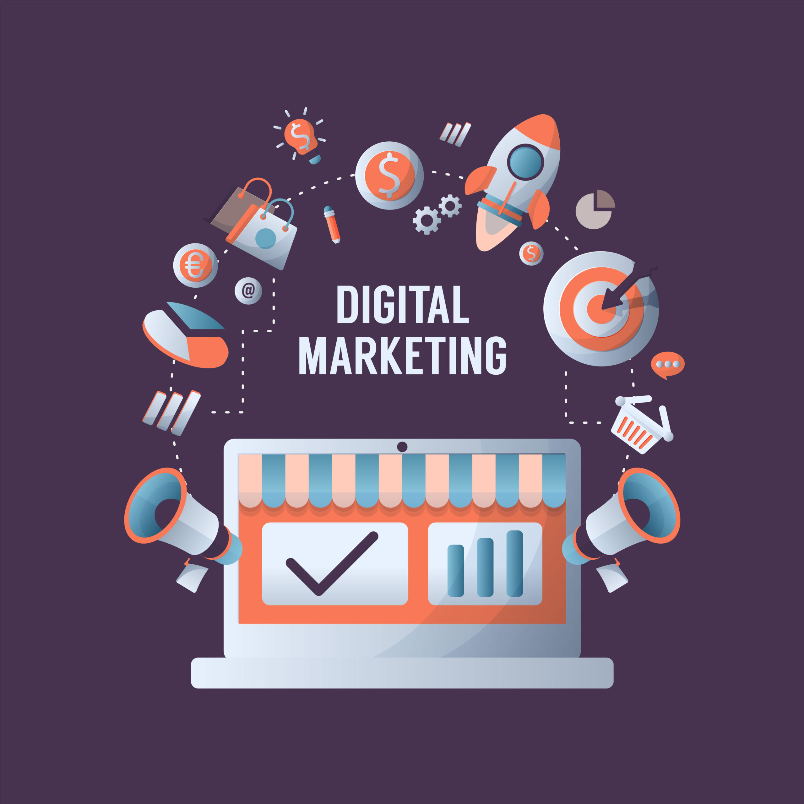 Digital marketing concept with online advertising and media symbols flat Digital marketing concept with online advertising and media symbols flat
